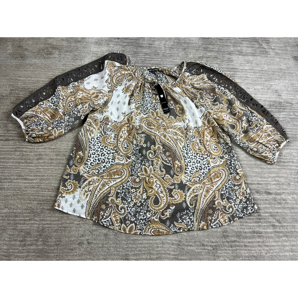 Unique Spectrum Blouse Women 1X Brown Paisley Leopard Cold Shoulder Crochet Boho
